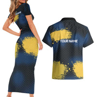 Custom Camo Redfish Couples Matching Short Sleeve Bodycon Dress and Hawaiian Shirt with Colorful Fish Design, Yellow Splatter Pattern - Wonder Print Shop