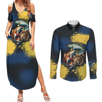 Custom Camo Redfish Couples Matching Summer Maxi Dress and Long Sleeve Button Shirt with Colorful Fish Design, Yellow Splatter Pattern - Wonder Print Shop