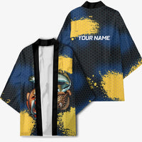Custom Camo Redfish Kimono with Colorful Fish Design, Yellow Splatter Pattern - Wonder Print Shop