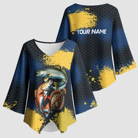 Custom Camo Redfish Kimono Sleeve Blouse with Colorful Fish Design, Yellow Splatter Pattern - Wonder Print Shop