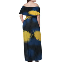 Custom Camo Redfish Off Shoulder Maxi Dress with Colorful Fish Design, Yellow Splatter Pattern - Wonder Print Shop