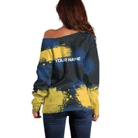 Custom Camo Redfish Off Shoulder Sweater with Colorful Fish Design, Yellow Splatter Pattern - Wonder Print Shop