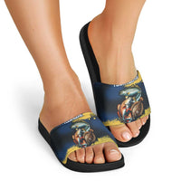 Custom Camo Redfish Slide Sandals with Colorful Fish Design, Yellow Splatter Pattern - Wonder Print Shop