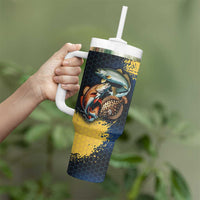Custom Camo Redfish Tumbler With Handle with Colorful Fish Design, Yellow Splatter Pattern - Wonder Print Shop