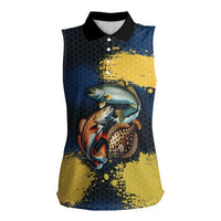 Custom Camo Redfish Women Sleeveless Polo Shirt with Colorful Fish Design, Yellow Splatter Pattern - Wonder Print Shop