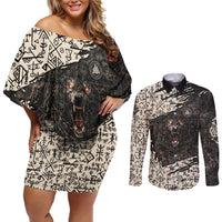 Fenrir Couples Matching Off Shoulder Short Dress and Long Sleeve Button Shirt with Norse Symbols and Howling Wolf Viking Mythology Tribute - Wonder Print Shop