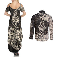 Fenrir Couples Matching Summer Maxi Dress and Long Sleeve Button Shirt with Norse Symbols and Howling Wolf Viking Mythology Tribute - Wonder Print Shop