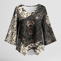 Fenrir Kimono Sleeve Blouse with Norse Symbols and Howling Wolf Viking Mythology Tribute - Wonder Print Shop