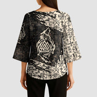 Fenrir Kimono Sleeve Blouse with Norse Symbols and Howling Wolf Viking Mythology Tribute - Wonder Print Shop