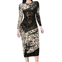 Fenrir Long Sleeve Bodycon Dress with Norse Symbols and Howling Wolf Viking Mythology Tribute - Wonder Print Shop