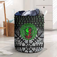 Flaming Skull Laundry Basket with Green Runes and Norse Symbols Viking Warrior Tribute - Wonder Print Shop
