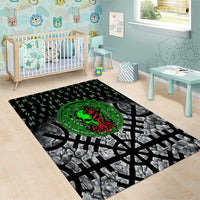 Flaming Skull Area Rug with Green Runes and Norse Symbols Viking Warrior Tribute - Wonder Print Shop
