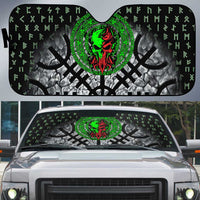 Flaming Skull Auto Sun Shade with Green Runes and Norse Symbols Viking Warrior Tribute - Wonder Print Shop