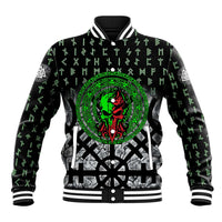 Flaming Skull Baseball Jacket with Green Runes and Norse Symbols Viking Warrior Tribute - Wonder Print Shop