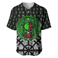 Flaming Skull Baseball Jersey with Green Runes and Norse Symbols Viking Warrior Tribute - Wonder Print Shop