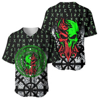 Flaming Skull Baseball Jersey with Green Runes and Norse Symbols Viking Warrior Tribute - Wonder Print Shop