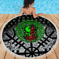 Flaming Skull Beach Blanket with Green Runes and Norse Symbols Viking Warrior Tribute - Wonder Print Shop