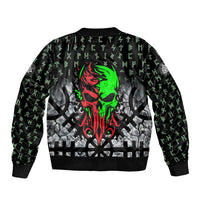 Flaming Skull Bomber Jacket with Green Runes and Norse Symbols Viking Warrior Tribute - Wonder Print Shop