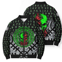 Flaming Skull Bomber Puffer Jacket with Green Runes and Norse Symbols Viking Warrior Tribute - Wonder Print Shop