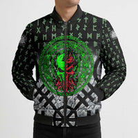 Flaming Skull Bomber Puffer Jacket with Green Runes and Norse Symbols Viking Warrior Tribute - Wonder Print Shop