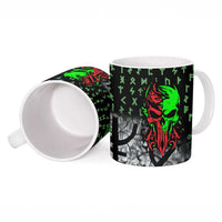 Flaming Skull Ceramic Mug with Green Runes and Norse Symbols Viking Warrior Tribute - Wonder Print Shop