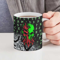 Flaming Skull Ceramic Mug with Green Runes and Norse Symbols Viking Warrior Tribute - Wonder Print Shop