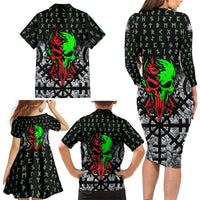Flaming Skull Family Matching Long Sleeve Bodycon Dress and Hawaiian Shirt with Green Runes and Norse Symbols Viking Warrior Tribute - Wonder Print Shop