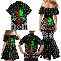 Flaming Skull Family Matching Mermaid Dress and Hawaiian Shirt with Green Runes and Norse Symbols Viking Warrior Tribute - Wonder Print Shop