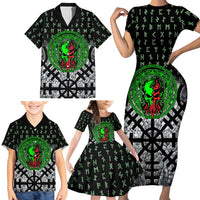 Flaming Skull Family Matching Short Sleeve Bodycon Dress and Hawaiian Shirt with Green Runes and Norse Symbols Viking Warrior Tribute - Wonder Print Shop