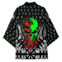 Flaming Skull Kimono with Green Runes and Norse Symbols Viking Warrior Tribute - Wonder Print Shop
