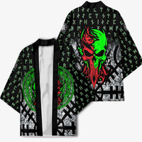 Flaming Skull Kimono with Green Runes and Norse Symbols Viking Warrior Tribute - Wonder Print Shop