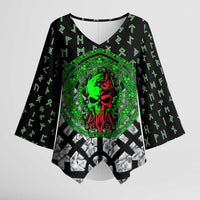 Flaming Skull Kimono Sleeve Blouse with Green Runes and Norse Symbols Viking Warrior Tribute - Wonder Print Shop