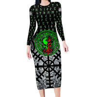 Flaming Skull Long Sleeve Bodycon Dress with Green Runes and Norse Symbols Viking Warrior Tribute - Wonder Print Shop