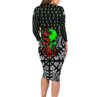 Flaming Skull Long Sleeve Bodycon Dress with Green Runes and Norse Symbols Viking Warrior Tribute - Wonder Print Shop