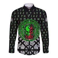 Flaming Skull Long Sleeve Button Shirt with Green Runes and Norse Symbols Viking Warrior Tribute - Wonder Print Shop