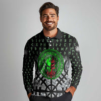 Flaming Skull Long Sleeve Polo Shirt with Green Runes and Norse Symbols Viking Warrior Tribute - Wonder Print Shop
