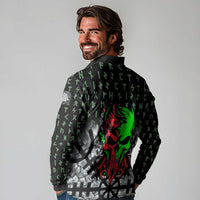 Flaming Skull Long Sleeve Polo Shirt with Green Runes and Norse Symbols Viking Warrior Tribute - Wonder Print Shop