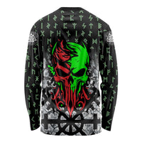 Flaming Skull Long Sleeve Shirt with Green Runes and Norse Symbols Viking Warrior Tribute - Wonder Print Shop
