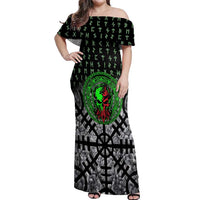 Flaming Skull Off Shoulder Maxi Dress with Green Runes and Norse Symbols Viking Warrior Tribute - Wonder Print Shop