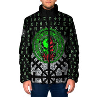 Flaming Skull Padded Jacket with Green Runes and Norse Symbols Viking Warrior Tribute - Wonder Print Shop
