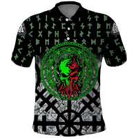 Flaming Skull Polo Shirt with Green Runes and Norse Symbols Viking Warrior Tribute - Wonder Print Shop
