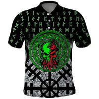 Flaming Skull Polo Shirt with Green Runes and Norse Symbols Viking Warrior Tribute - Wonder Print Shop