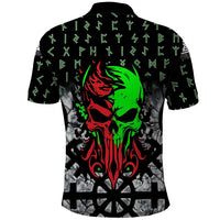Flaming Skull Polo Shirt with Green Runes and Norse Symbols Viking Warrior Tribute - Wonder Print Shop