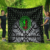 Flaming Skull Quilt with Green Runes and Norse Symbols Viking Warrior Tribute - Wonder Print Shop
