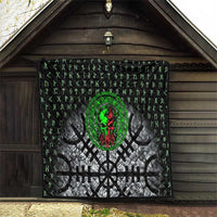 Flaming Skull Quilt with Green Runes and Norse Symbols Viking Warrior Tribute - Wonder Print Shop