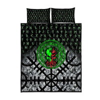 Flaming Skull Quilt Bed Set with Green Runes and Norse Symbols Viking Warrior Tribute - Wonder Print Shop