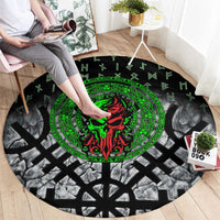 Flaming Skull Round Carpet with Green Runes and Norse Symbols Viking Warrior Tribute - Wonder Print Shop