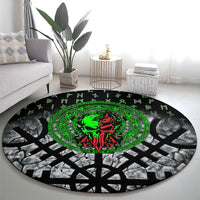 Flaming Skull Round Carpet with Green Runes and Norse Symbols Viking Warrior Tribute - Wonder Print Shop