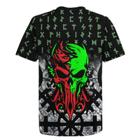 Flaming Skull Rugby Jersey with Green Runes and Norse Symbols Viking Warrior Tribute - Wonder Print Shop