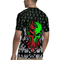 Flaming Skull Rugby Jersey with Green Runes and Norse Symbols Viking Warrior Tribute - Wonder Print Shop